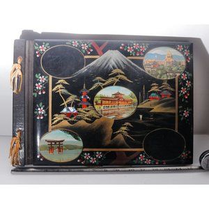Vintage Japanese Black Lacquered Photo Album Great Colors/Scenes EUC